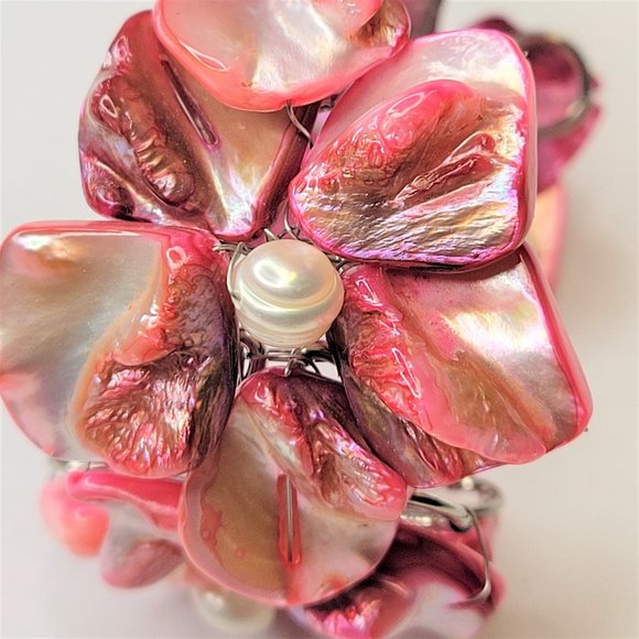 Pink Cuff Bangle with Shell and Pearls Adjustable Bracelet - NEW - Picture 3 of 11